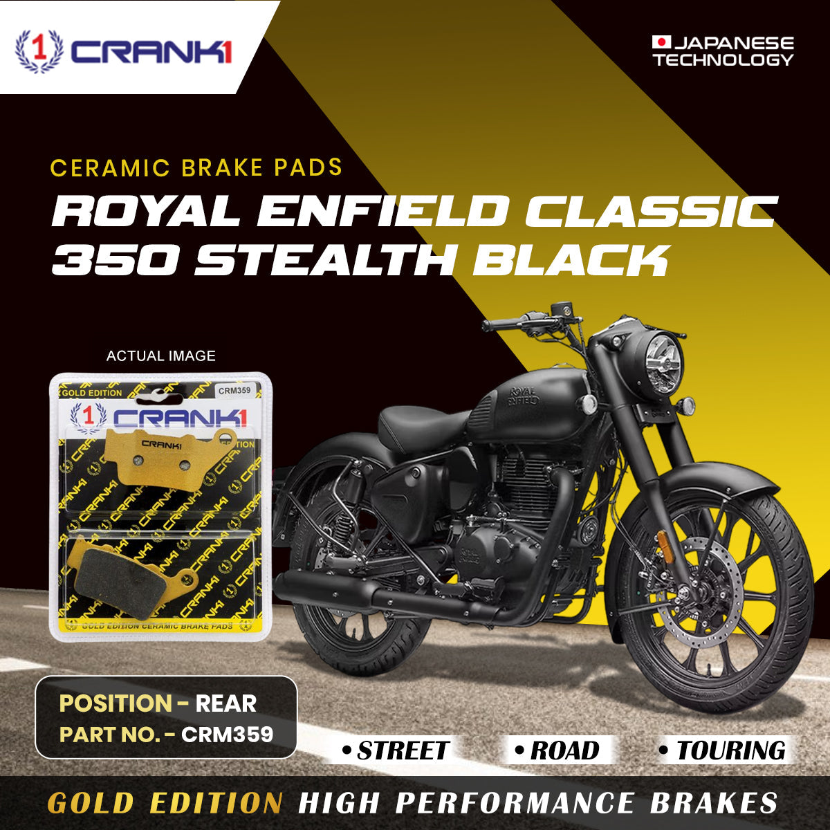 Ceramic Brake Pads For Royal Enfield Classic 350 Stealth Black Rear CRM359 1 Set CRANK1