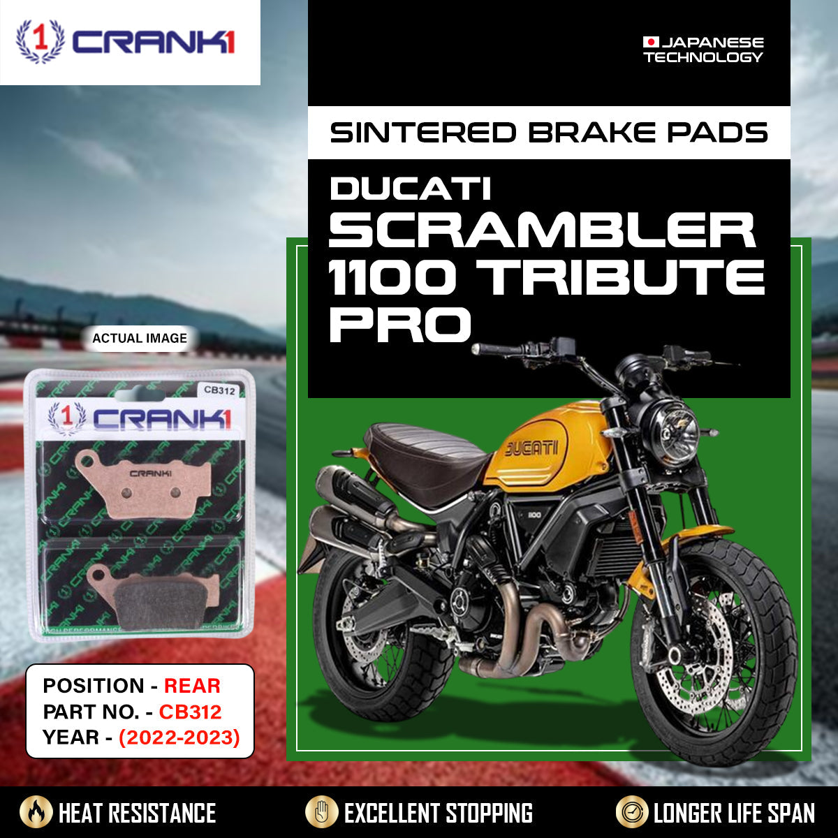 Sintered Brake Pads For Ducati Scrambler 1100 Tribute Pro 2022-2023 - Rear - CB312 - 1 Set - CRANK1