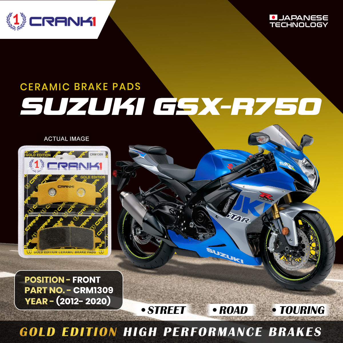 Ceramic Brake Pads For Suzuki GSX R750 2012 2020 Front CRM1309 2 Sets CRANK1