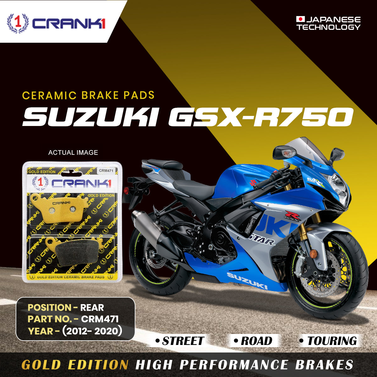 Ceramic Brake Pads For Suzuki GSX R750 2012 2020 Rear CRM471 1 Set CRANK1