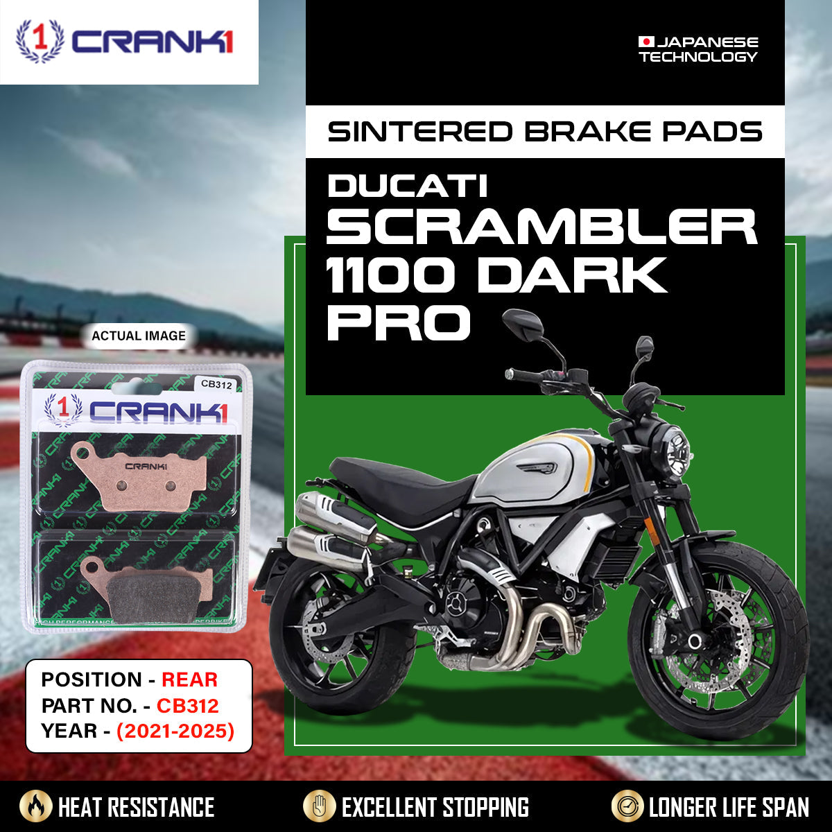 Sintered Brake Pads For Ducati Scrambler 1100 Dark Pro 2021-2025 - Rear - CB312 - 1 Set - CRANK1