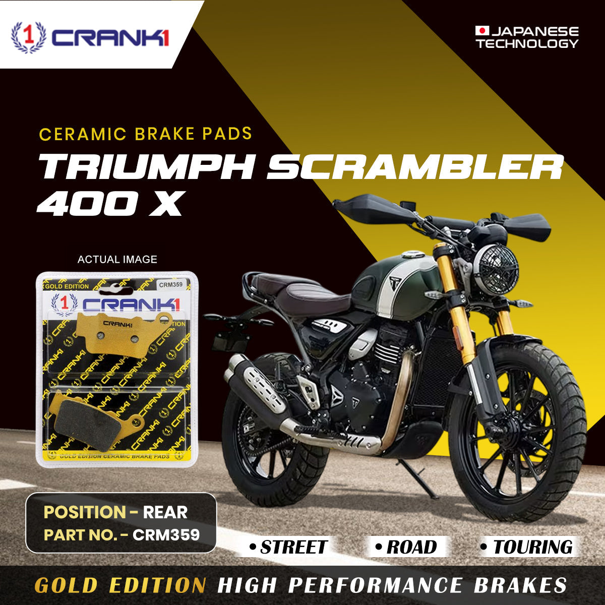 Ceramic Brake Pads For Triumph Scrambler 400 X Rear CRM359 1 Set CRANK1