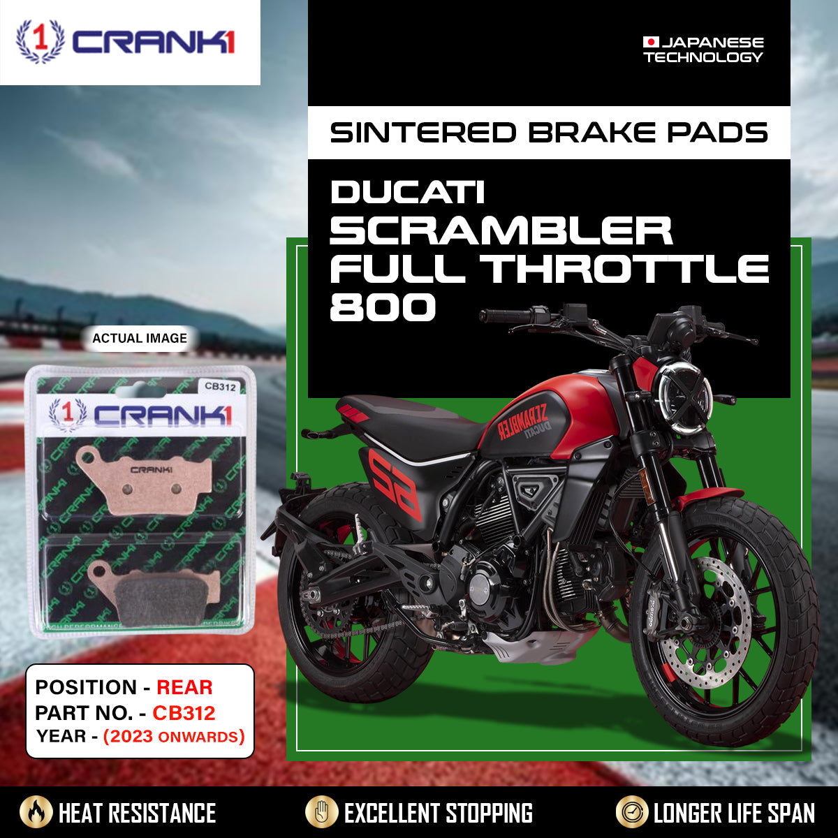 Sintered Brake Pads For Ducati Scrambler Full Throttle 800 2023 Onwards - Rear - CB312 - 1 Set - CRANK1