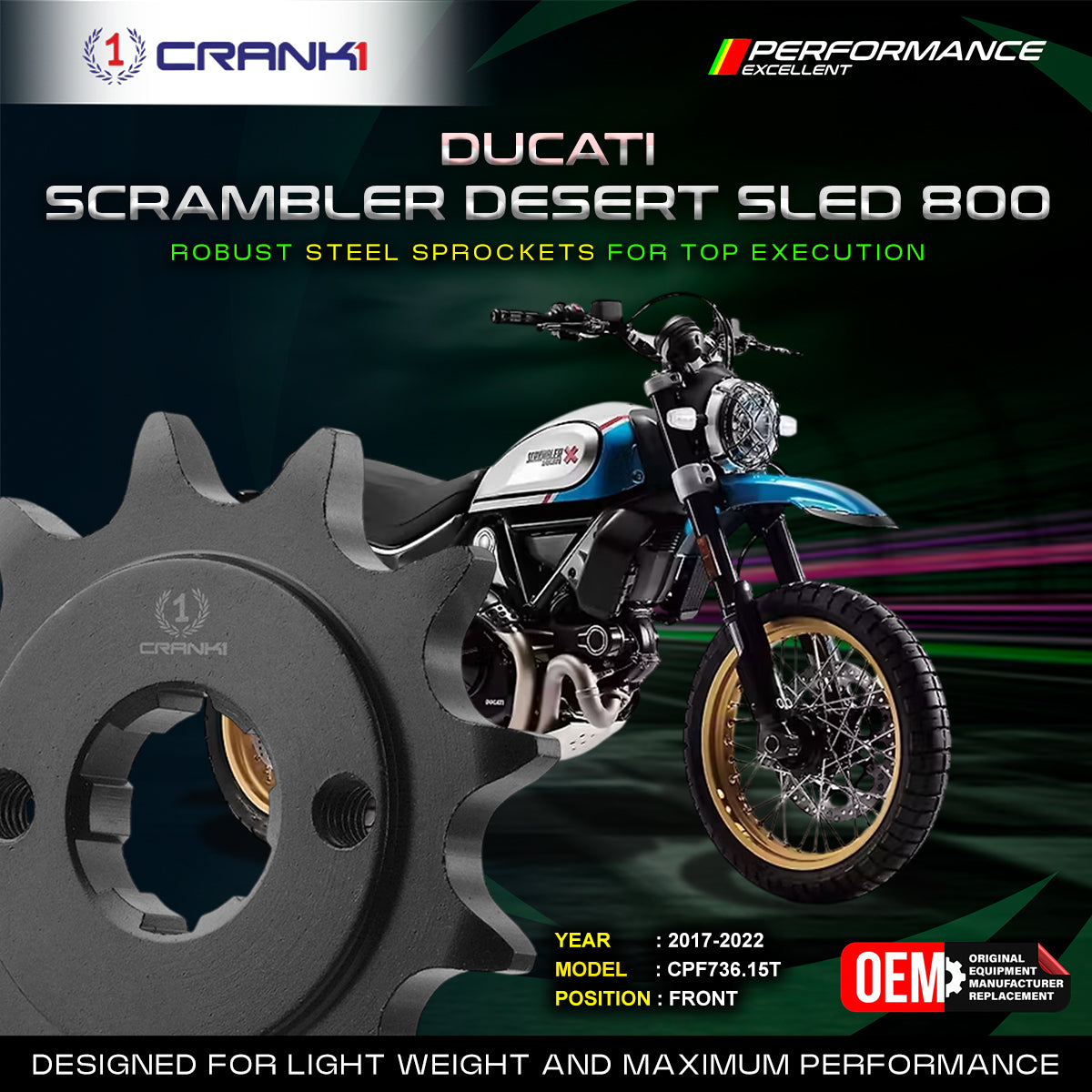 Sprocket For Ducati Scrambler Desert Sled 800 2017-2022 - Front - CPF736 15T - CRANK1