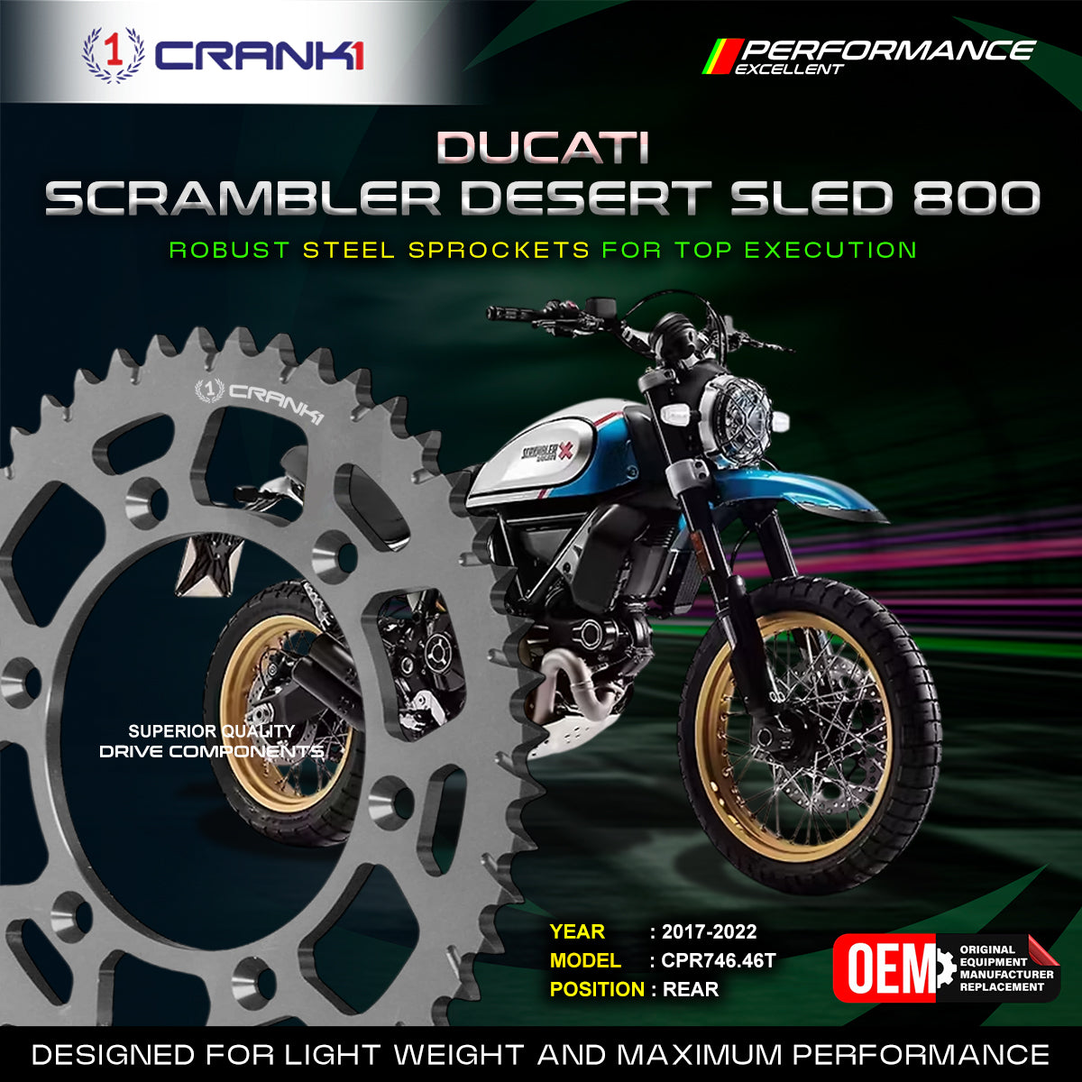 Sprocket For Ducati Scrambler Desert Sled 800 2017-2022 - Rear - CPR746 46T - CRANK1