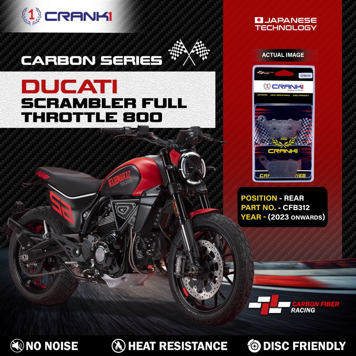 Carbon Brake Pads For Ducati Scrambler Full Throttle 800 2023 Onwards - Rear - CFB312 - 1 Set - CRANK1