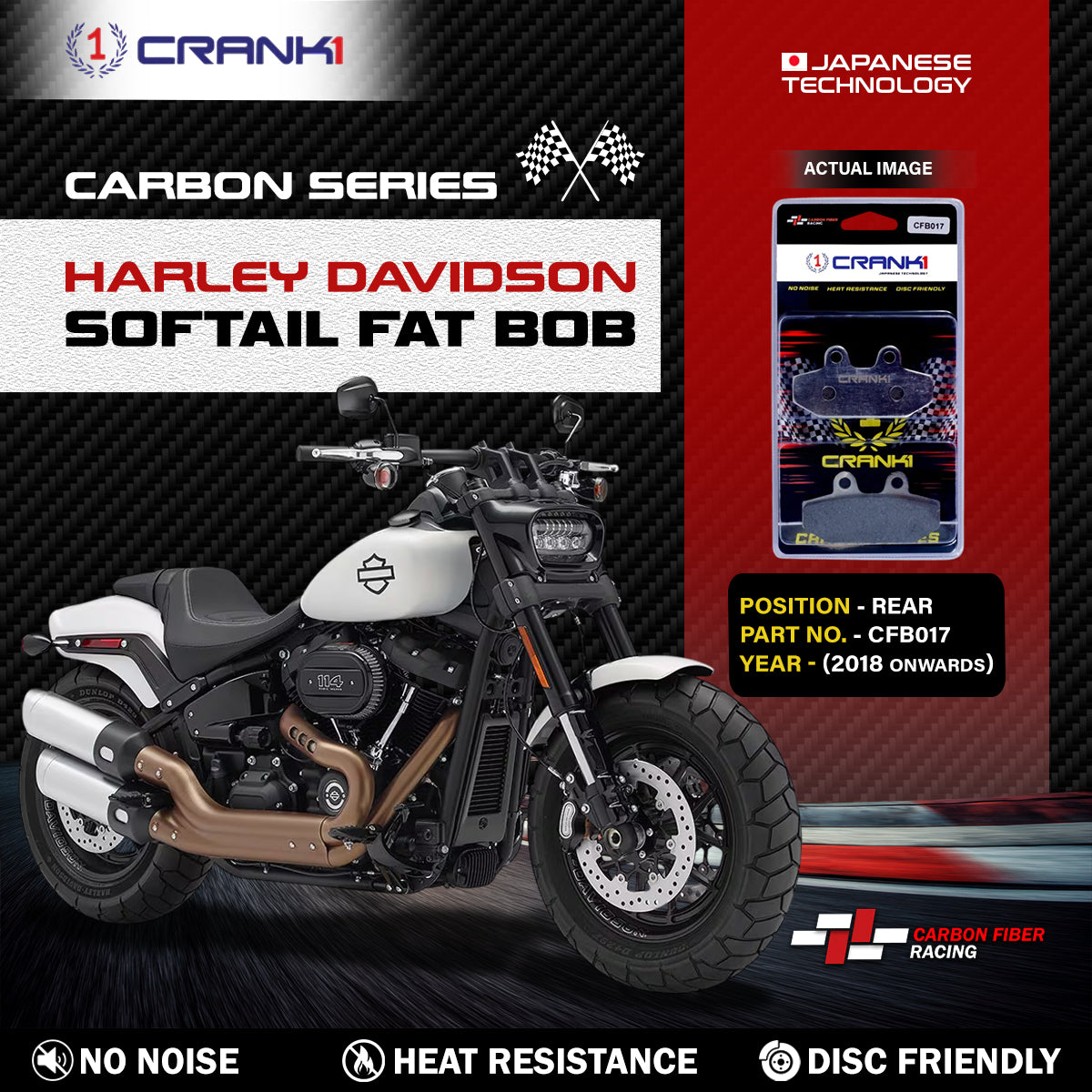 Carbon Brake Pads For Harley Davidson Softail Fat Bob 2018 Onwards - Rear - CFB017 - 1 Set - CRANK1