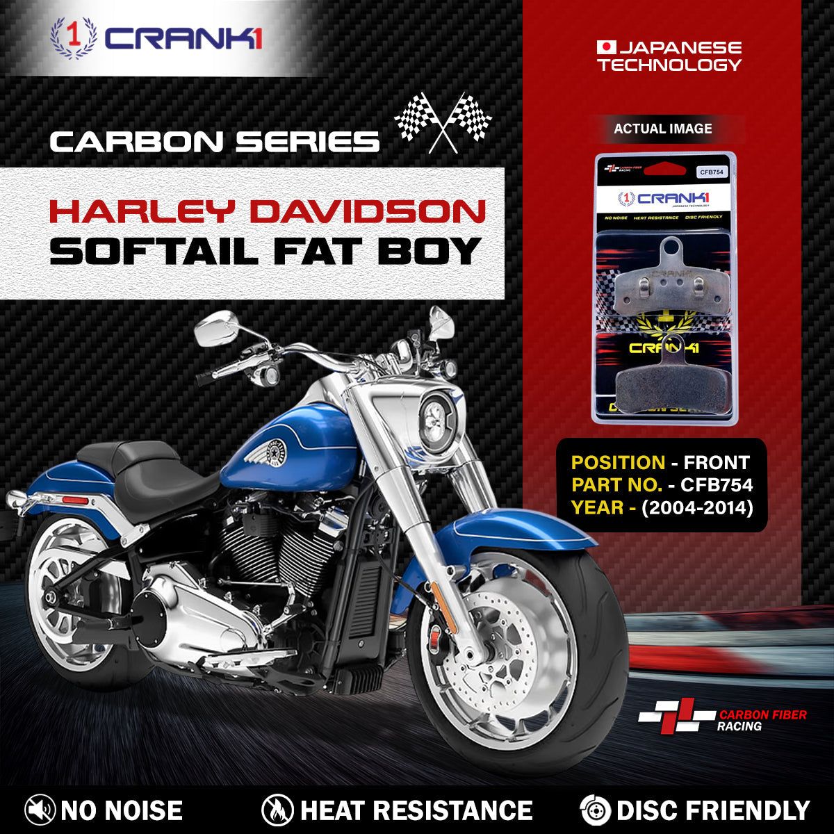 Carbon Brake Pads For Harley Davidson Softail Fat Boy 2004-2014 - Front - CFB754 - 2 Sets - CRANK1
