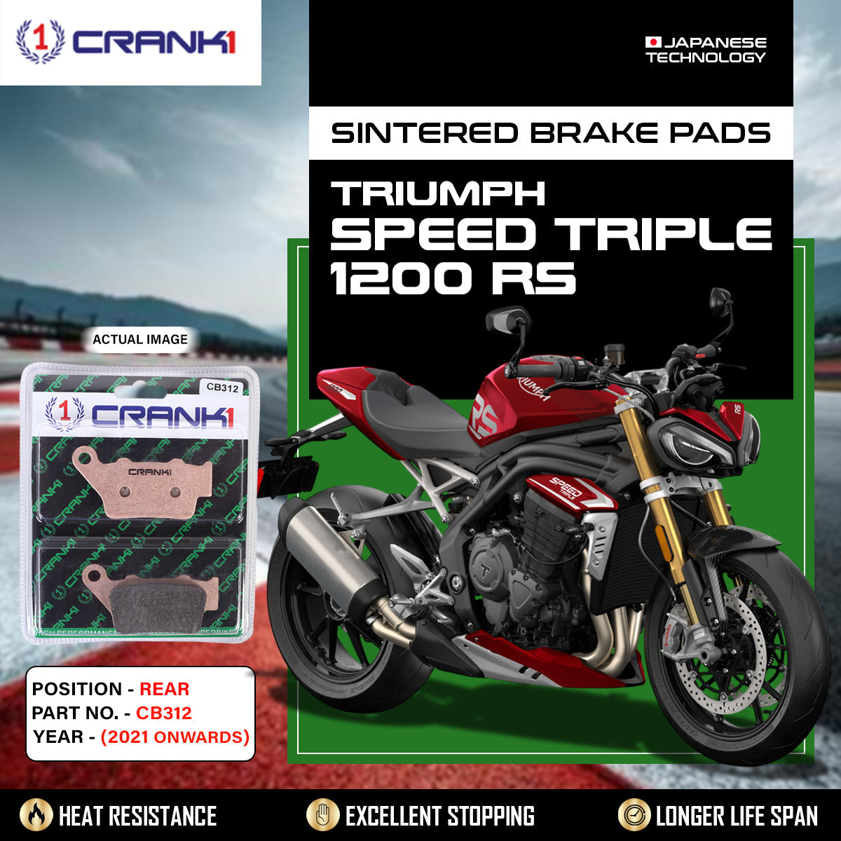 Sintered Brake Pads For Triumph Speed Triple 1200 RS 2021 Onwards - Rear -CB312 - 1 Set - CRANK1