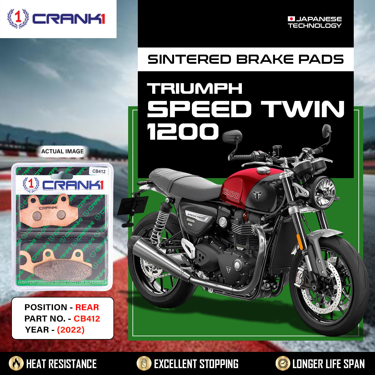 Sintered Brake Pads For Triumph Speed Twin 1200 2022 - Rear - CB412 - 1 Set - CRANK1