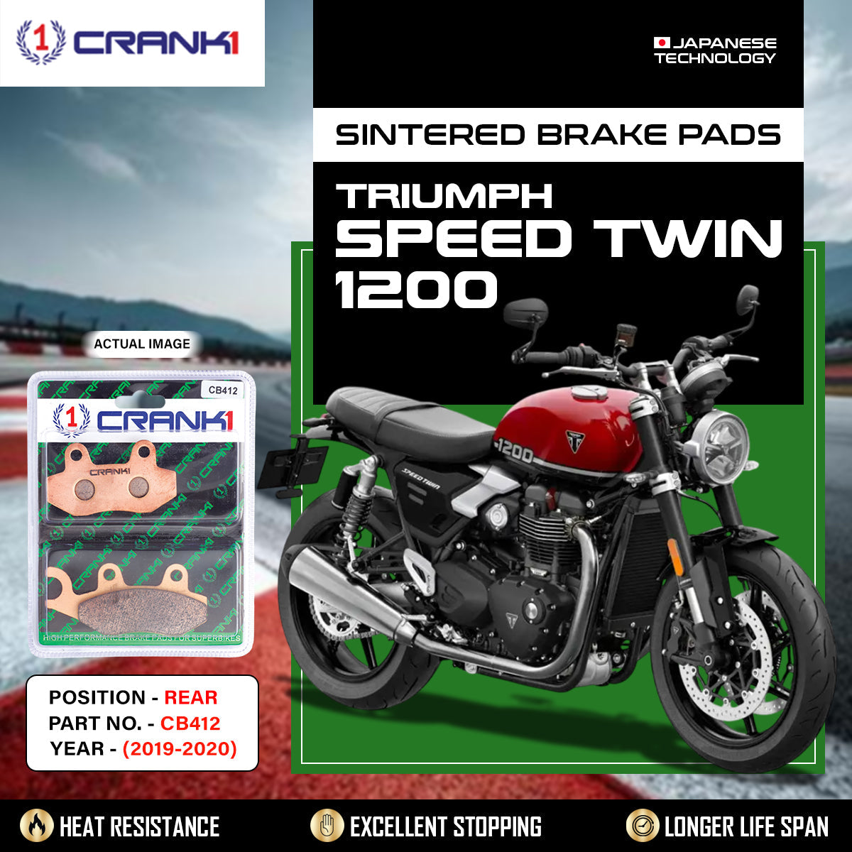 Sintered Brake Pads For Triumph Speed Twin 1200 2019-2020 - Rear - CB412 - 1 Set - CRANK1
