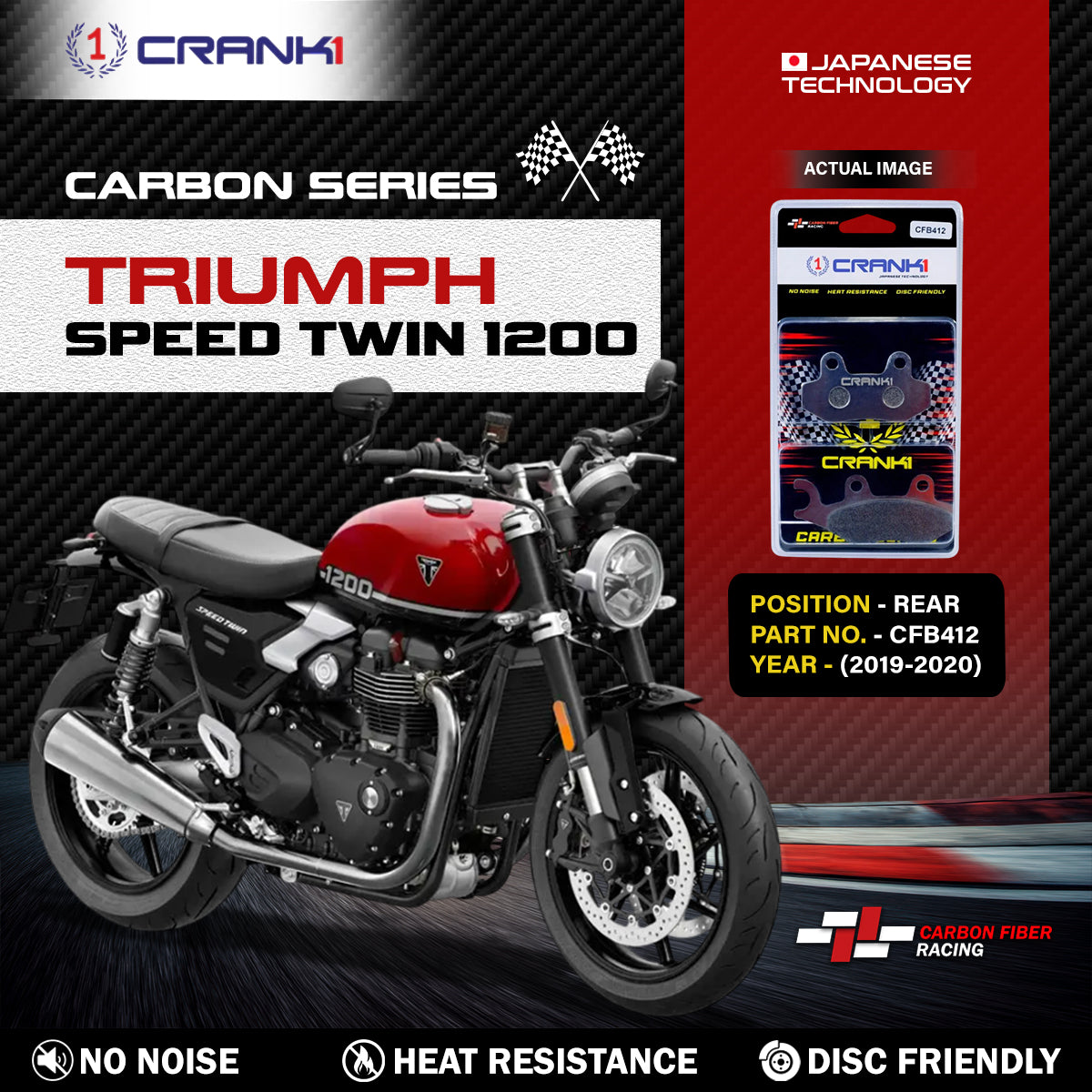 Carbon Brake Pads For Triumph Speed Twin 1200 2019-2020 - Rear - CFB412 - 1 Set - CRANK1