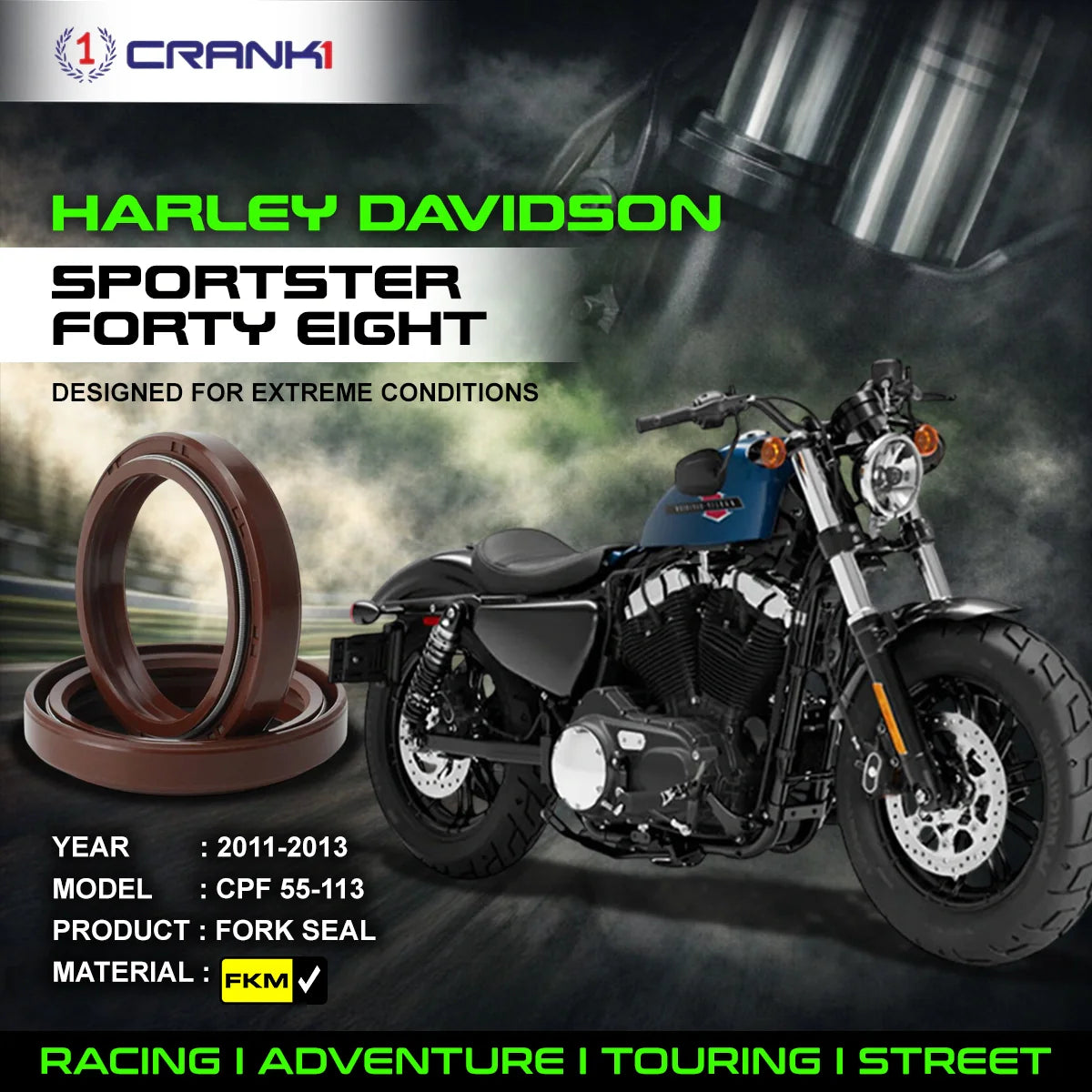 Fork Oil Seals Pair For Harley Davidson Sportster Forty Eight 2011-2013 - CPF55-113 - CRANK1