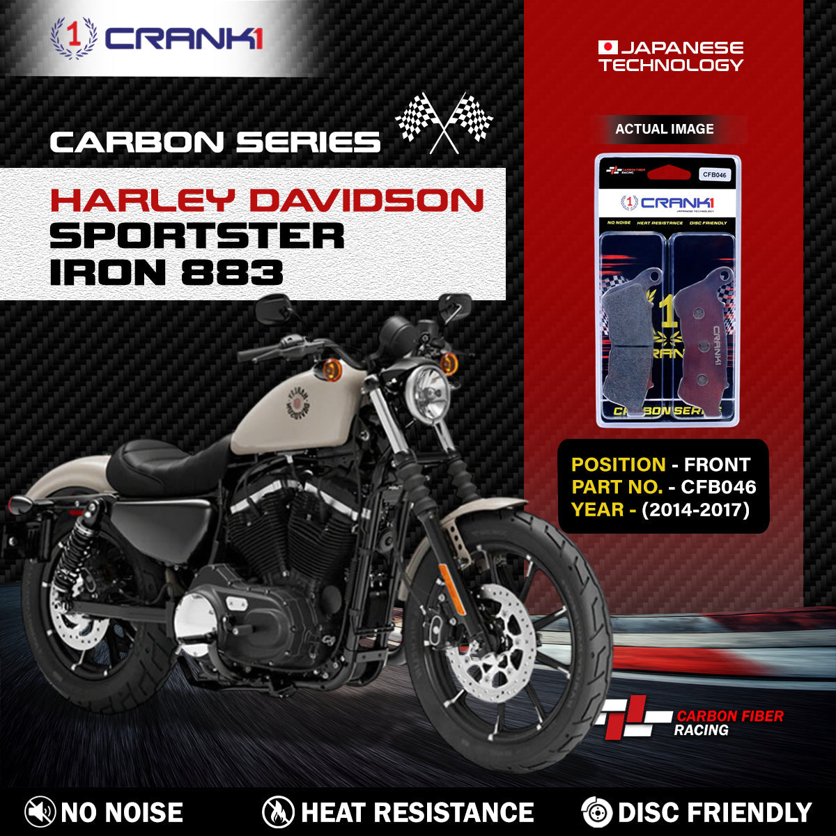 Carbon Brake Pads For Harley Davidson Sportster Iron 883 2014-2017 - Front - CFB046 - 1 Set - CRANK1