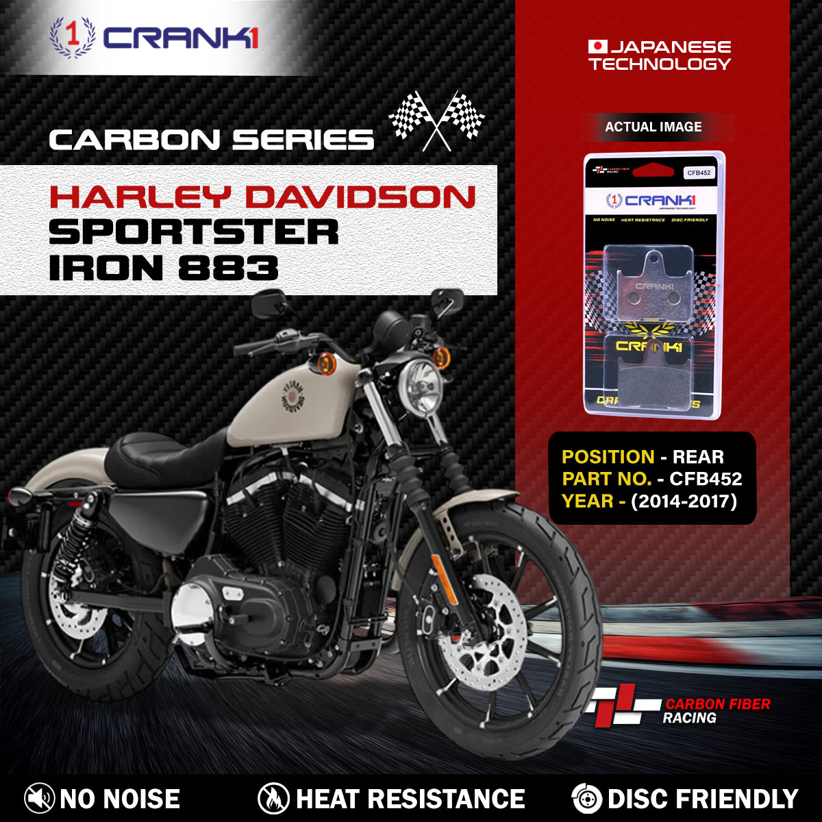 Carbon Brake Pads For Harley Davidson Sportster Iron 883 2014-2017 - Rear - CFB452 - 1 Set - CRANK1