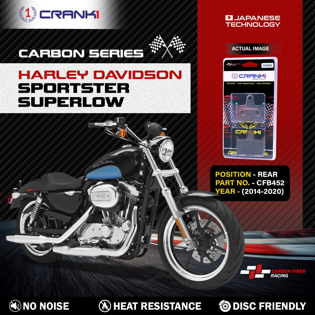 Carbon Brake Pads For Harley Davidson Sportster SuperLow 2014-2020 - Rear - CFB452 - 1 Set - CRANK1