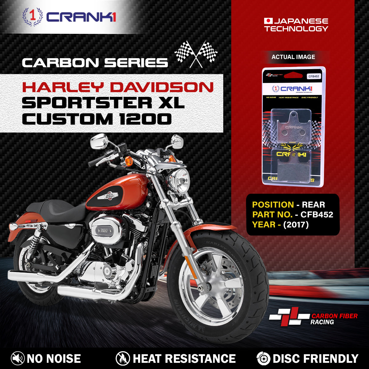 Carbon Brake Pads For Harley Davidson Sportster XL Custom 1200 2017 - Rear - CFB452 - 1 Set - CRANK1