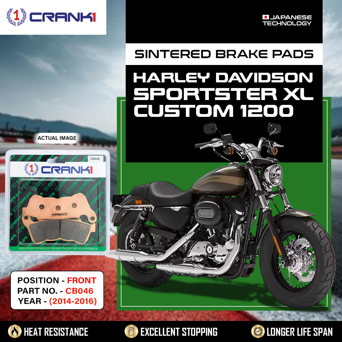 Sintered Brake Pads For Harley Davidson Sportster XL Custom 1200 2014-2016 - Front - CB046 - 1 Set - CRANK1