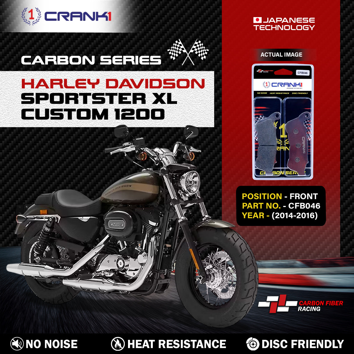 Carbon Brake Pads For Harley Davidson Sportster XL Custom 1200 2014-2016 - Front - CFB046 - 1 Set - CRANK1