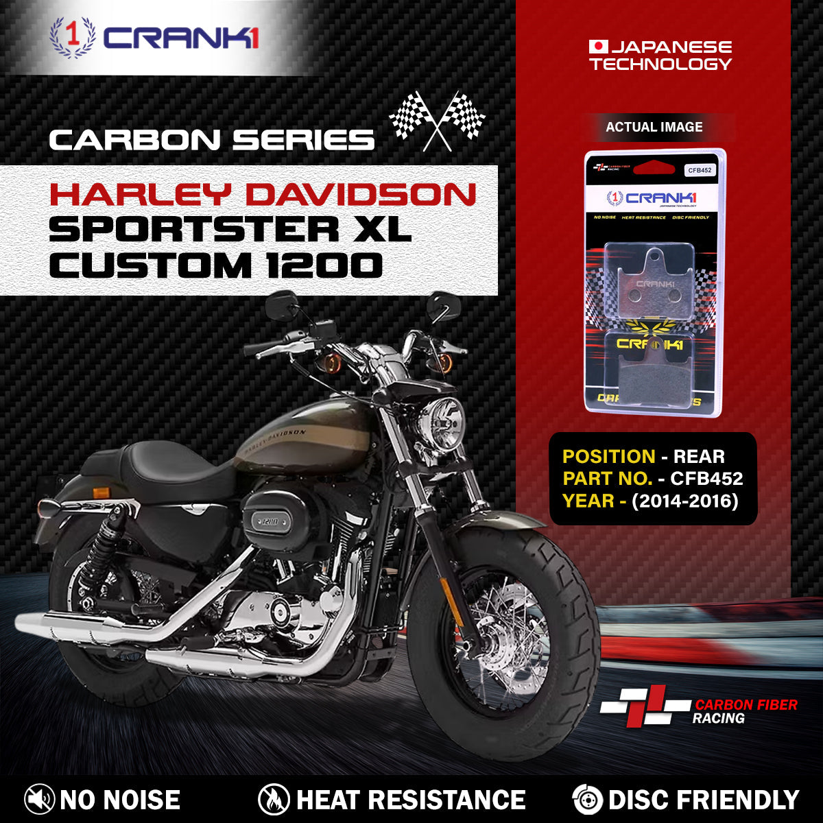 Carbon Brake Pads For Harley Davidson Sportster XL Custom 1200 2014-2016 - Rear - CFB452 - 1 Set - CRANK1