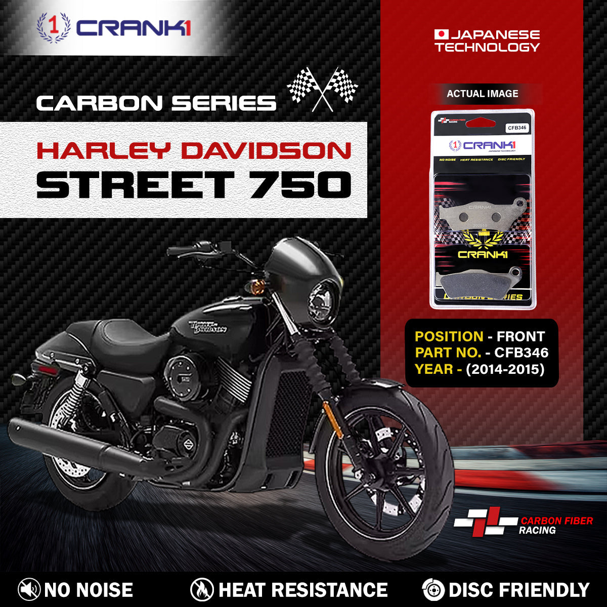 Carbon Brake Pads For Harley Davidson Street 750 2014-2015 - Front - CFB346 - 1 Set - CRANK1