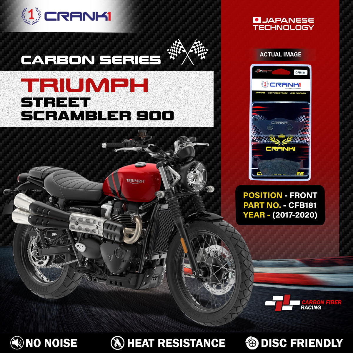 Carbon Brake Pads For Triumph Street Scrambler 900 2017-2020 - Front - CFB181 - 2 Sets - CRANK1