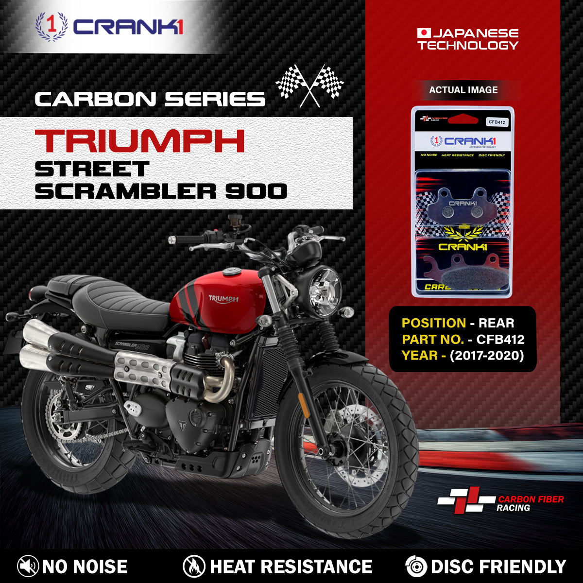 Carbon Brake Pads For Triumph Street Scrambler 900 2017-2020 - Rear - CFB412 - 1 Set - CRANK1