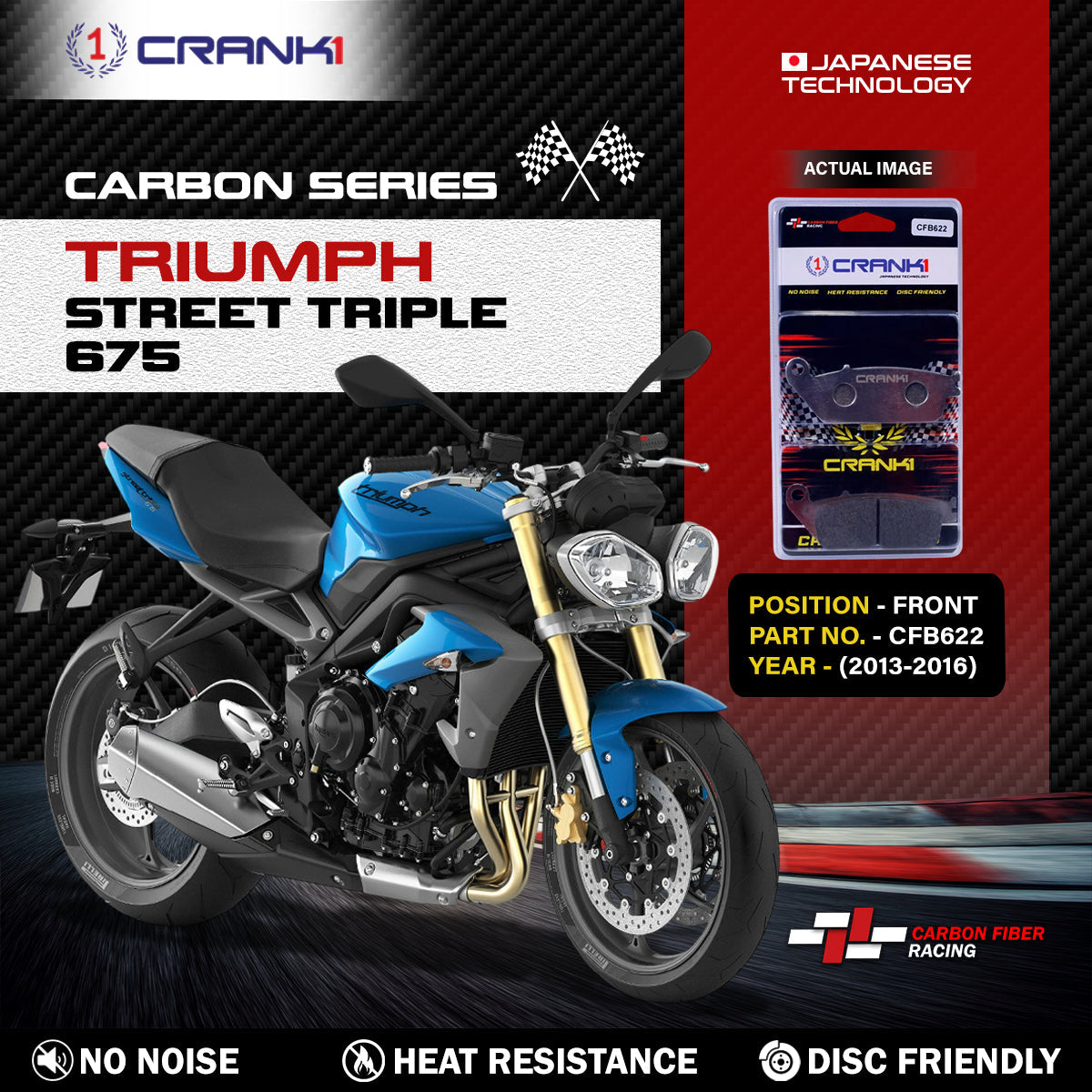 Carbon Brake Pads For Triumph Street Triple 675 2013-2016 - Front - CFB622 - 2 Sets - CRANK1