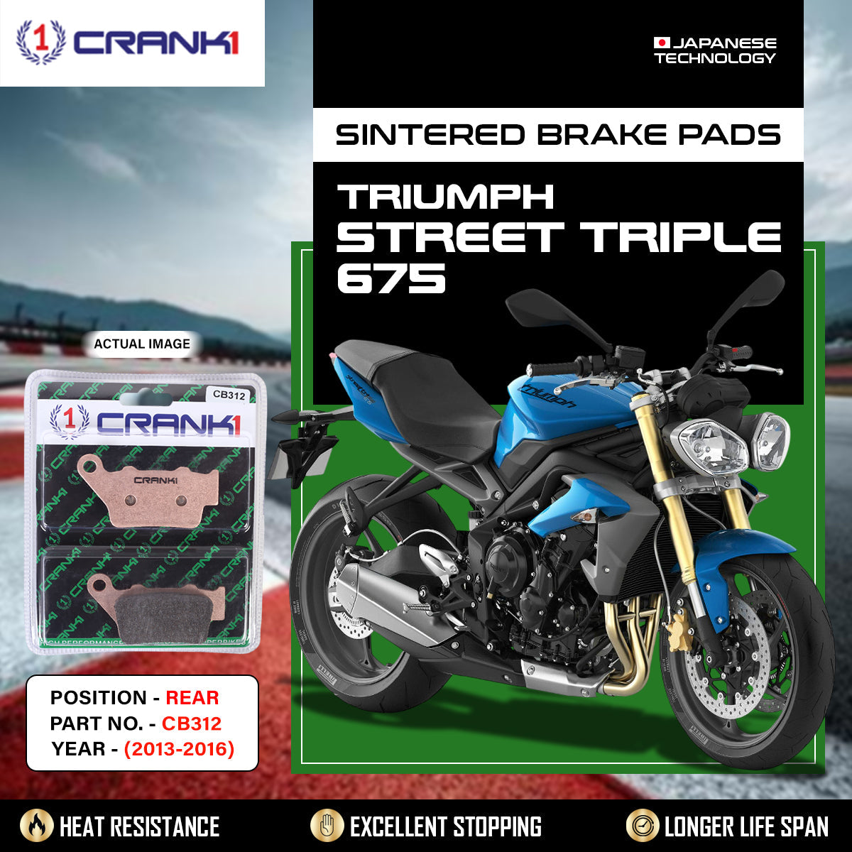 Sintered Brake Pads For Triumph Street Triple 675 2013-2016 - Rear - CB312- 1 Set - CRANK1