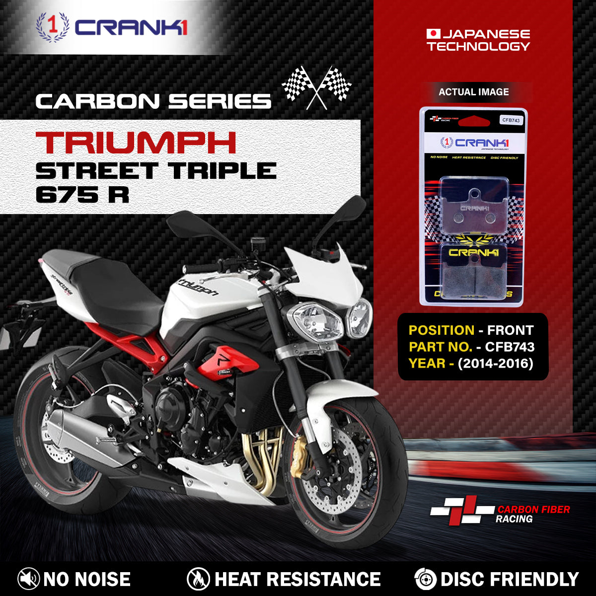Carbon Brake Pads For Triumph Street Triple 675 R 2014-2016 - Front - CFB743 - 2 Sets - CRANK1