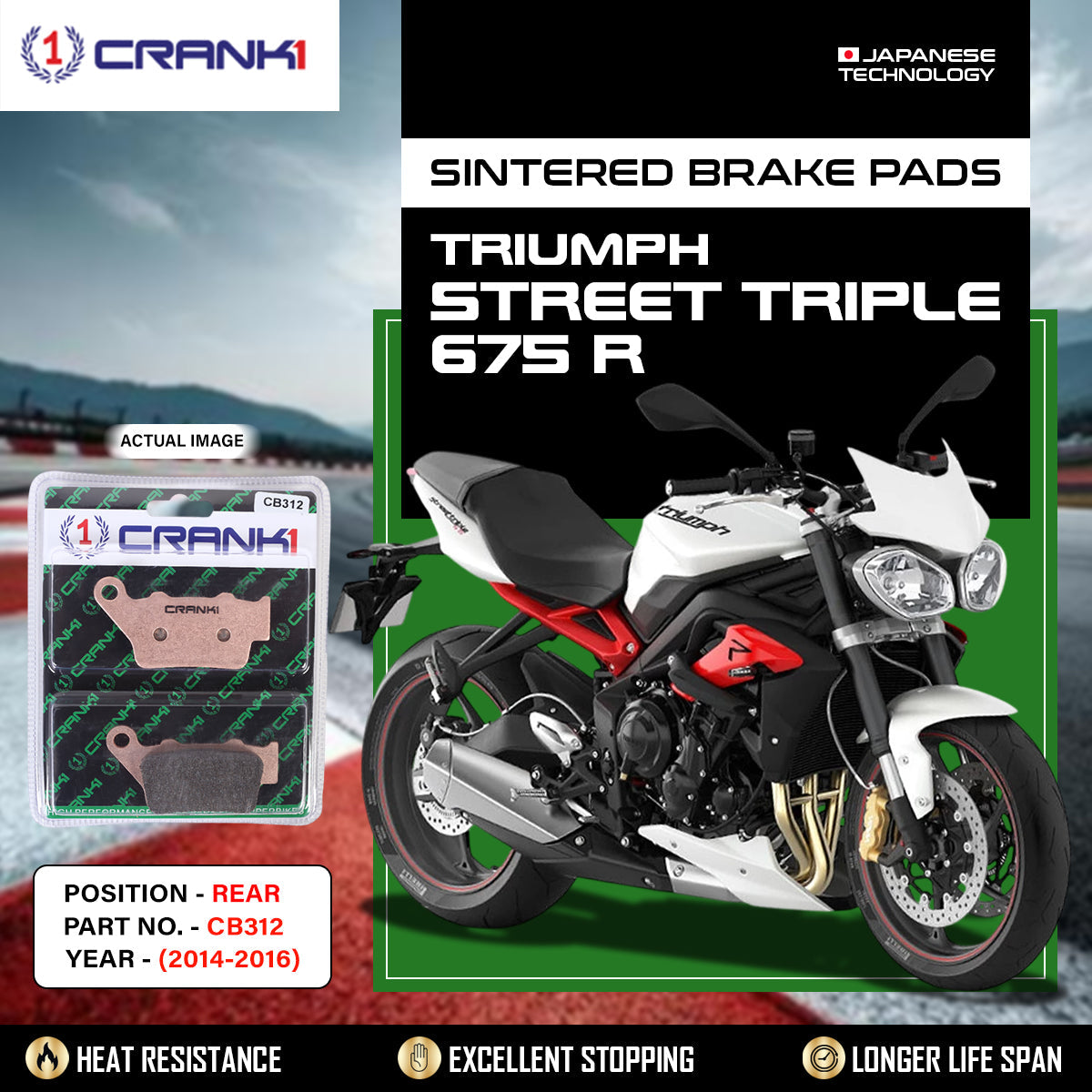Sintered Brake Pads For Triumph Street Triple 675 R 2014-2016 - Rear - CB312 - 1 Set - CRANK1