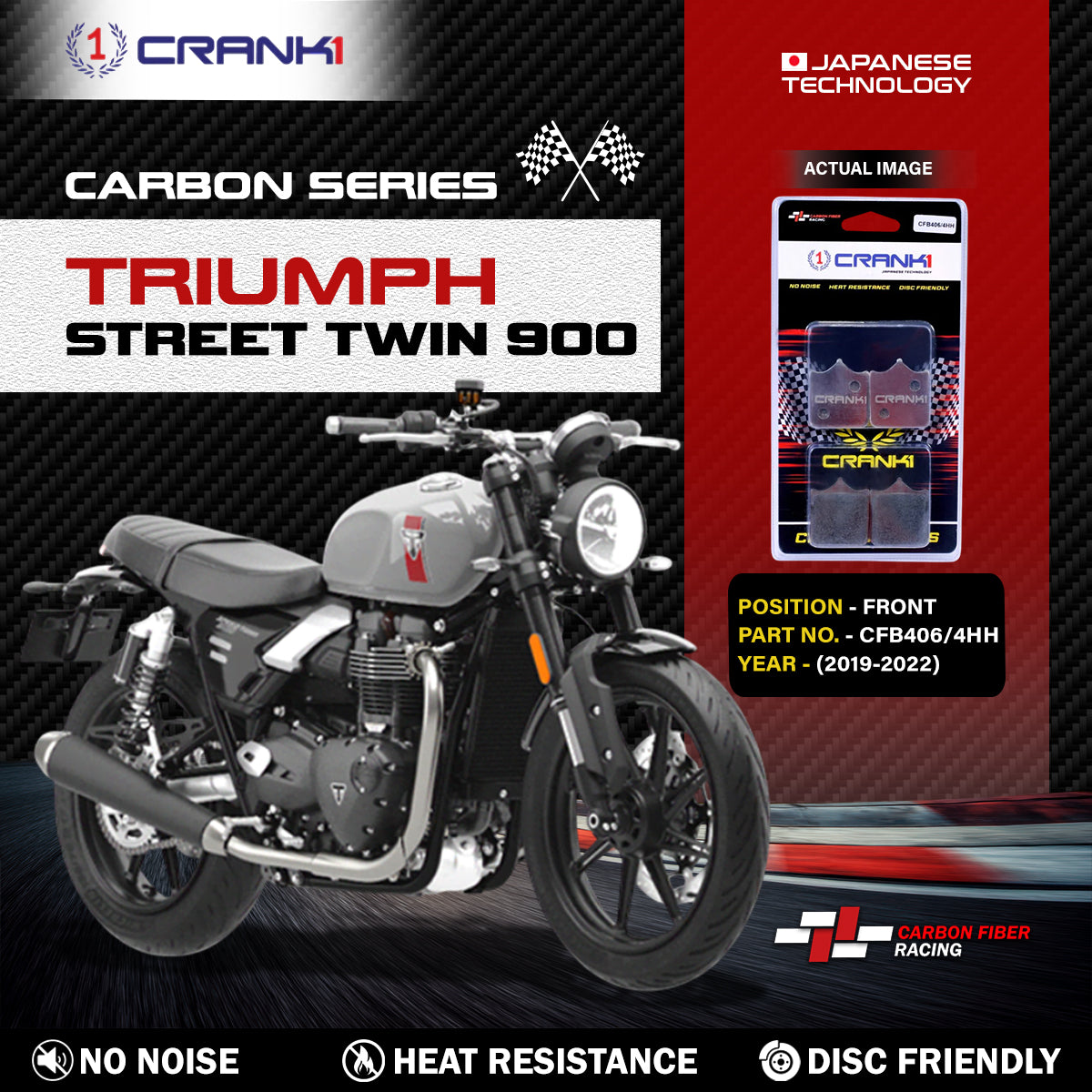 Carbon Brake Pads For Triumph Street Twin 900 2019-2022 - Front - CFB406 4 - 2 Sets - CRANK1