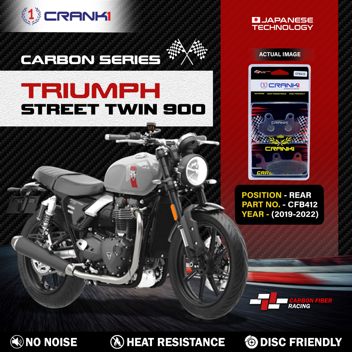 Carbon Brake Pads For Triumph Street Twin 900 2019-2022 - Rear - CFB412 - 1 Set - CRANK1