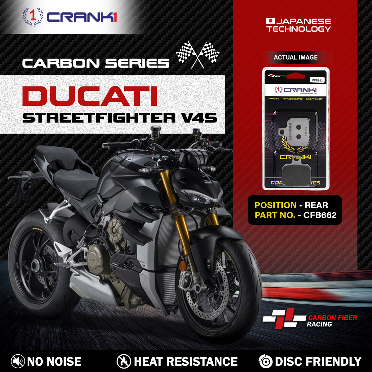 Carbon Brake Pads For Ducati Streetfighter V4S - Rear - CFB662 - 1 Set - CRANK1