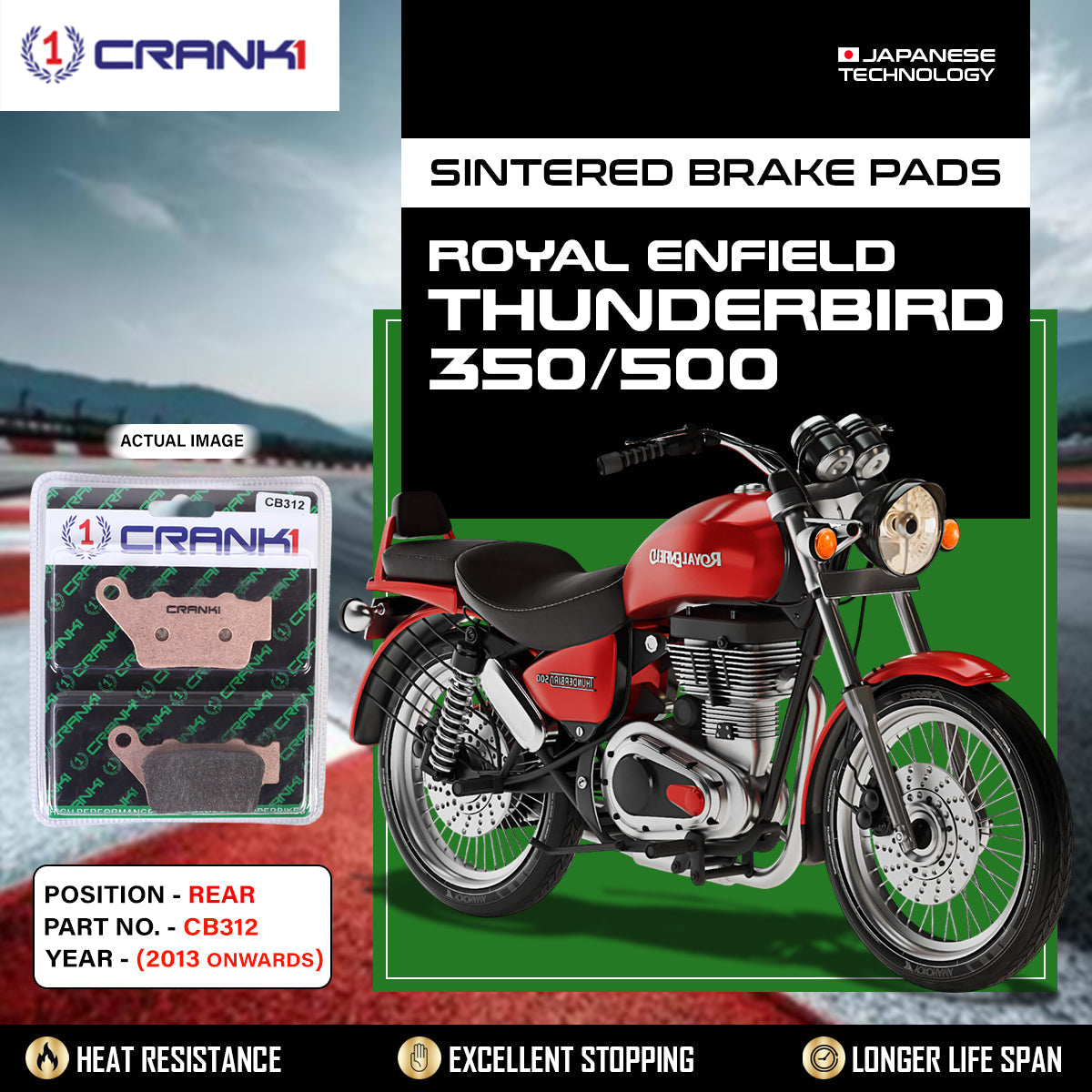 Sintered Brake Pads For Royal Enfield Thunderbird 350 500 2013 Onwards - Rear - CB312 - 1 Set - CRANK1