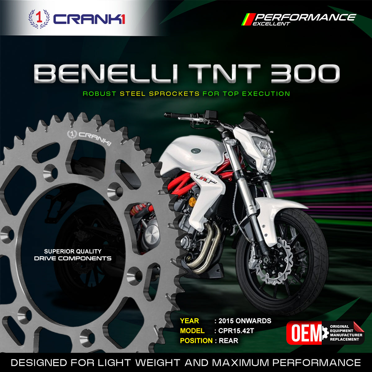 Sprocket For Benelli TNT 300 2015 Onwards - Rear - CPR15 42T - CRANK1
