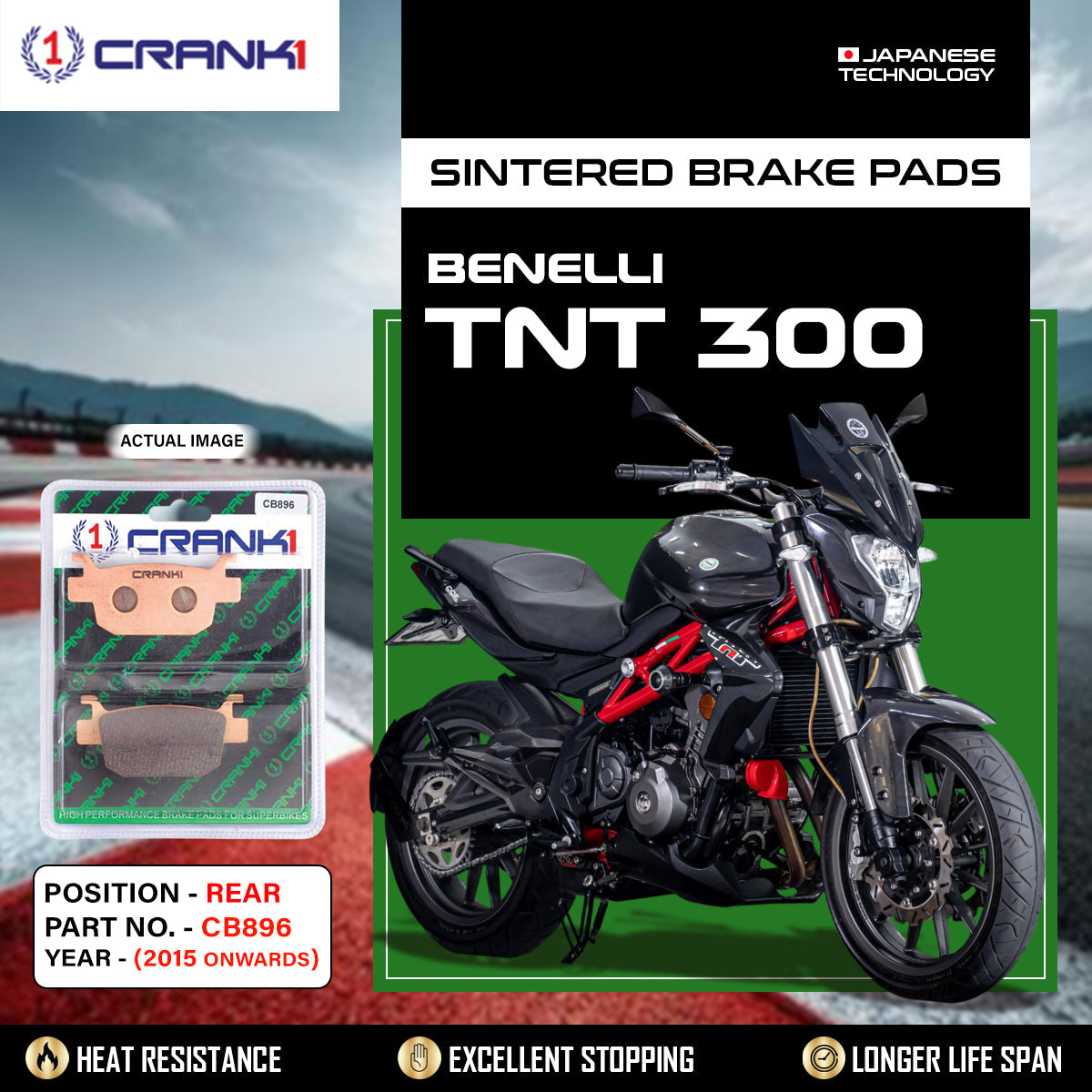 Sintered Brake Pads For Benelli TNT 300 2015 Onwards - Rear - CB896 - 1 Set - CRANK1