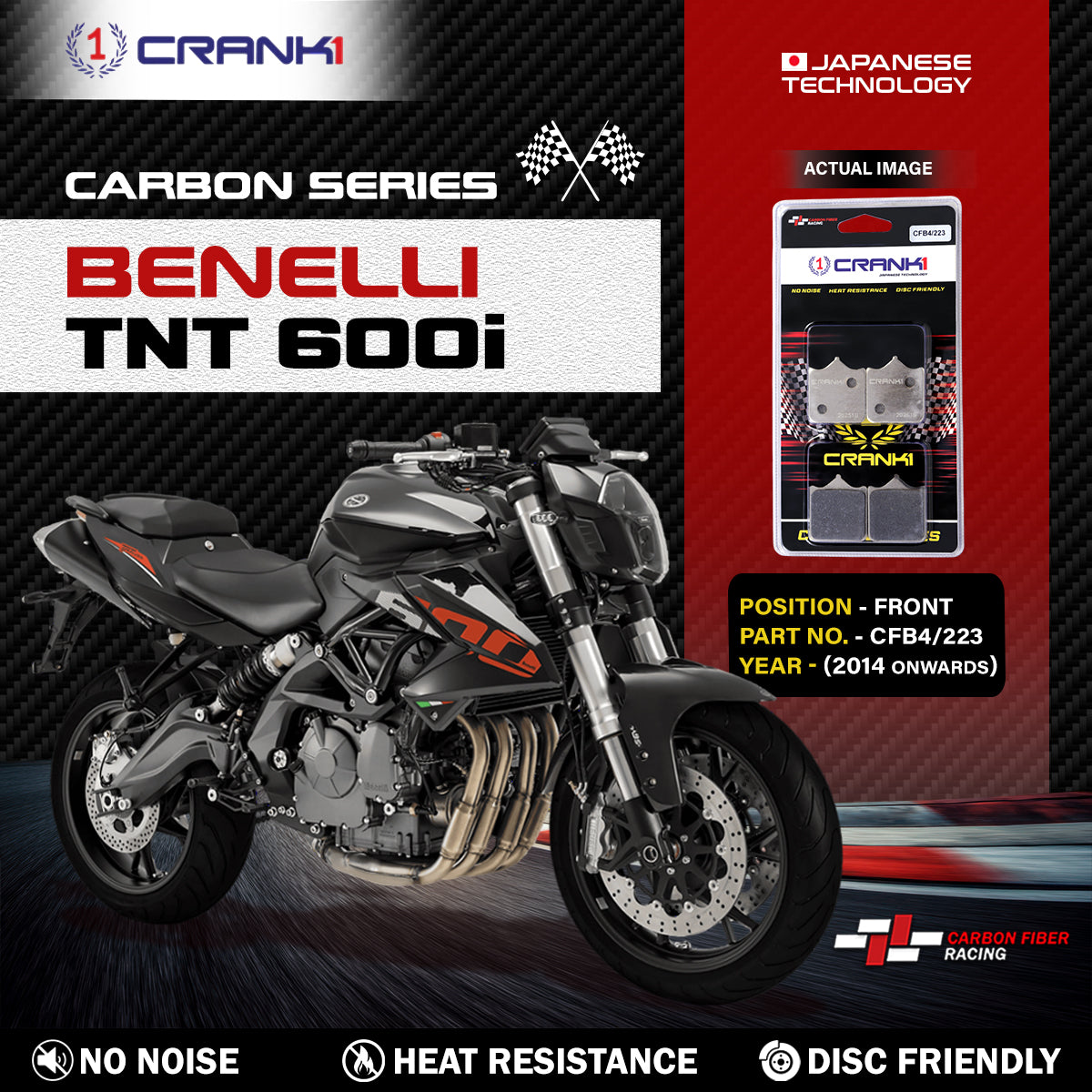Carbon Brake Pads For Benelli TNT 600i 2014 Onwards - Front - CFB4 223 - 2 Sets - CRANK1
