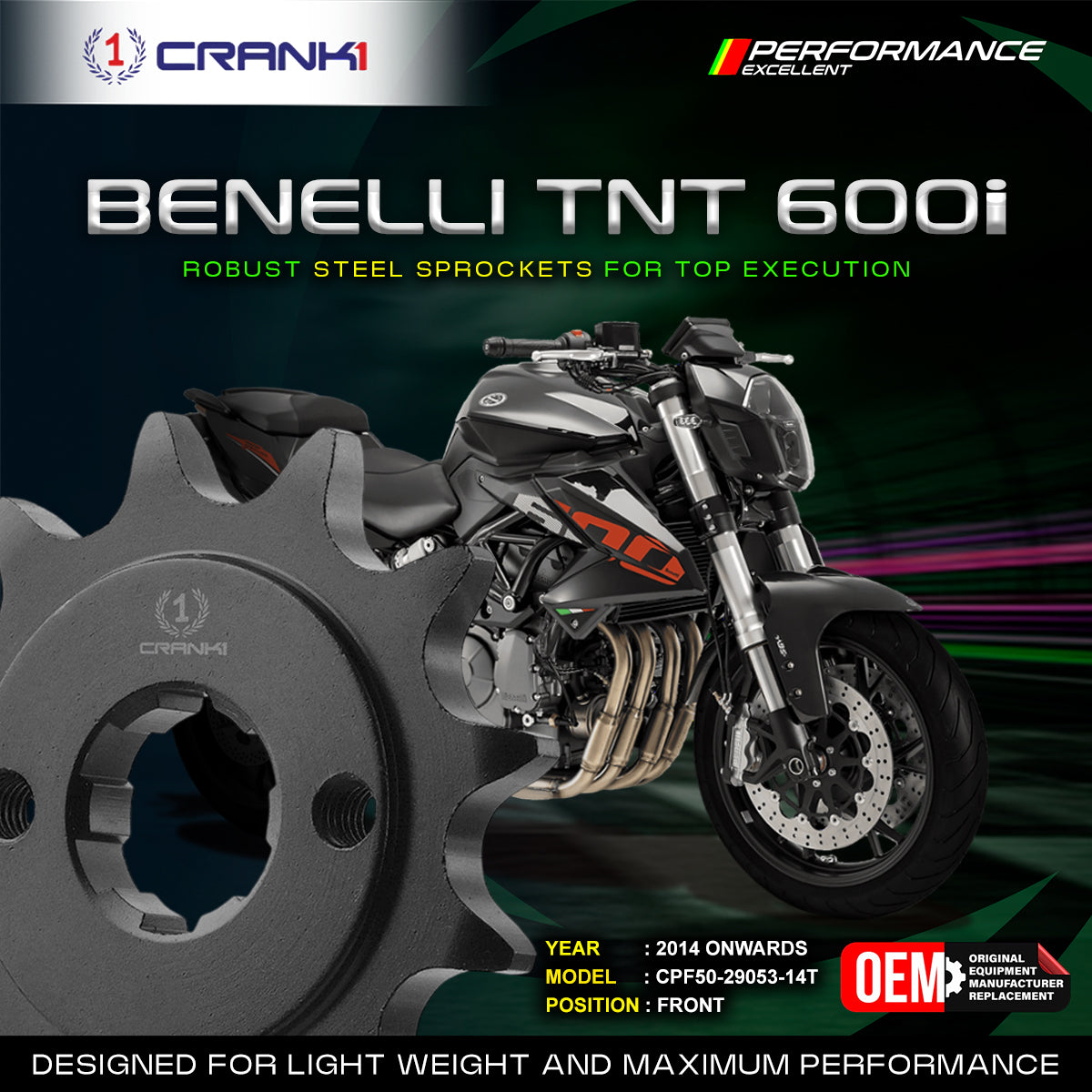 Sprocket For Benelli TNT 600i 2014 Onwards - Front - CPF50-29053-14T - CRANK1