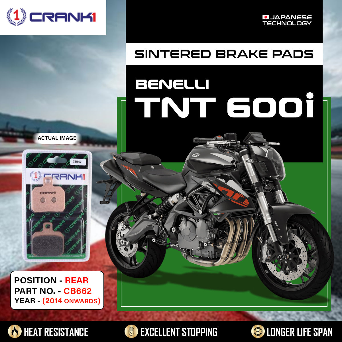 Sintered Brake Pads For Benelli TNT 600i 2014 Onwards - Rear - CB662 - 1 Set - CRANK1