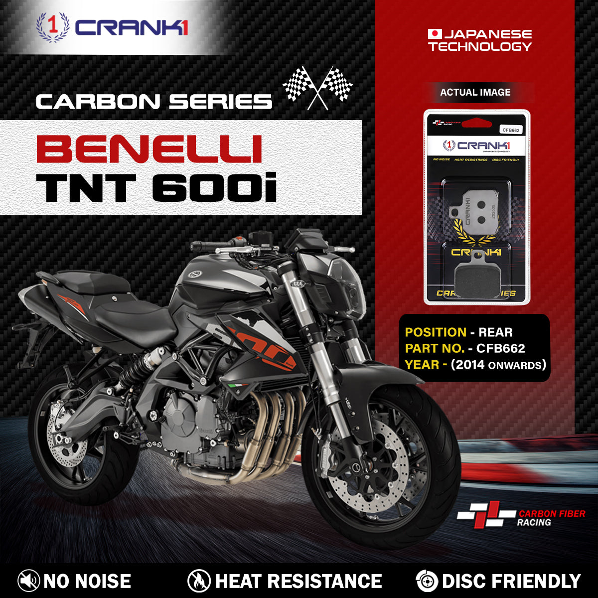 Carbon Brake Pads For Benelli TNT 600i 2014 Onwards - Rear - CFB662 - 1 Set - CRANK1