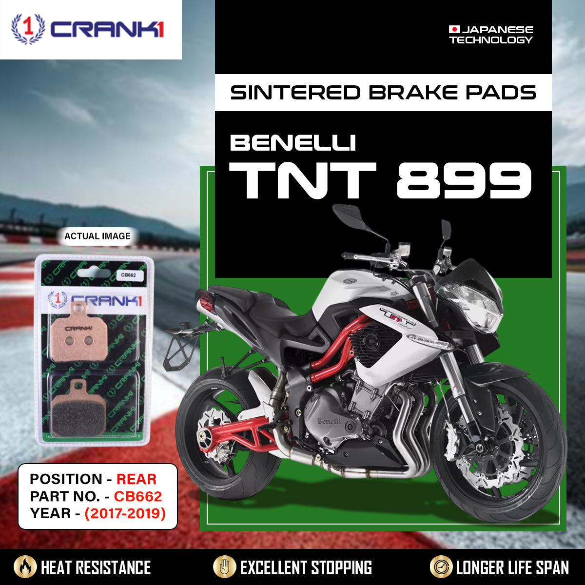 Sintered Brake Pads For Benelli TNT 899 2017-2019 - Rear - CB662 - 1 Set - CRANK1