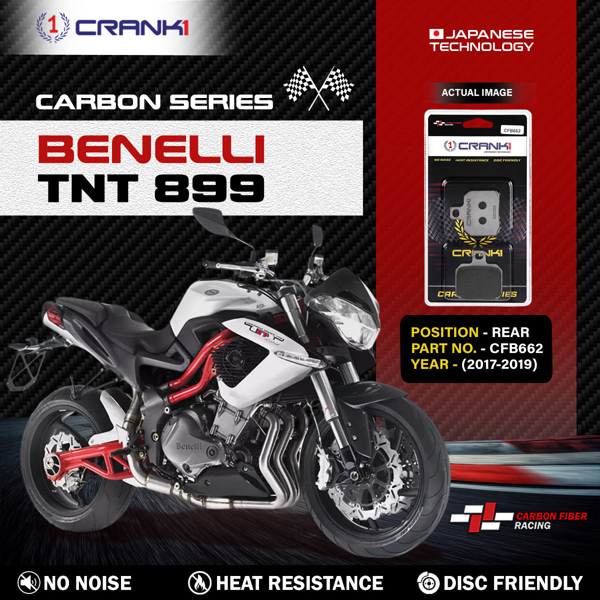 Carbon Brake Pads For Benelli TNT 899 2017-2019 - Rear - CFB662 - 1 Set - CRANK1