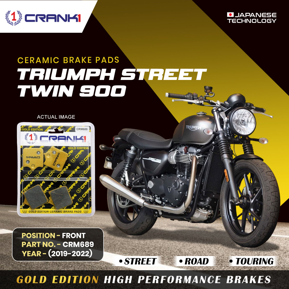 Ceramic Brake Pads For Triumph Street Twin 900 2019 2022 Front CRM689 2 Sets CRANK1