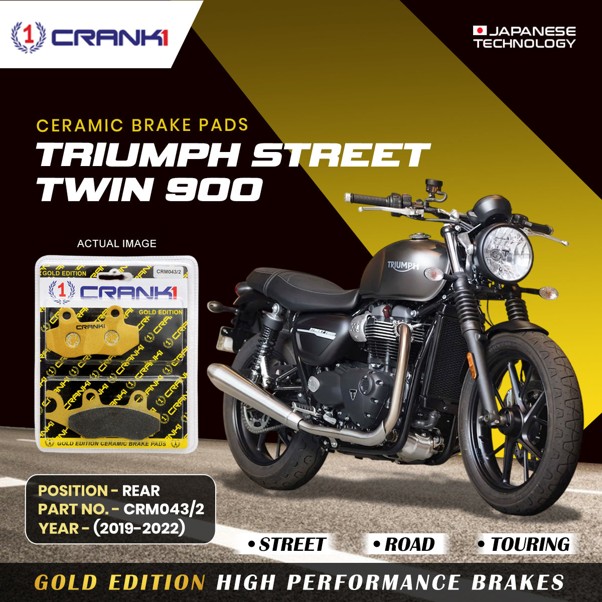 Ceramic Brake Pads For Triumph Street Twin 900 2019 2022 Rear CRM043 2 1 Set CRANK1