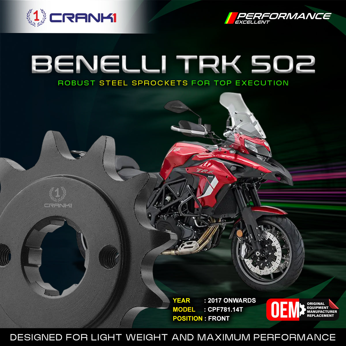 Sprocket For Benelli TRK 502 2017 Onwards - Front - CPF781 14T - CRANK1