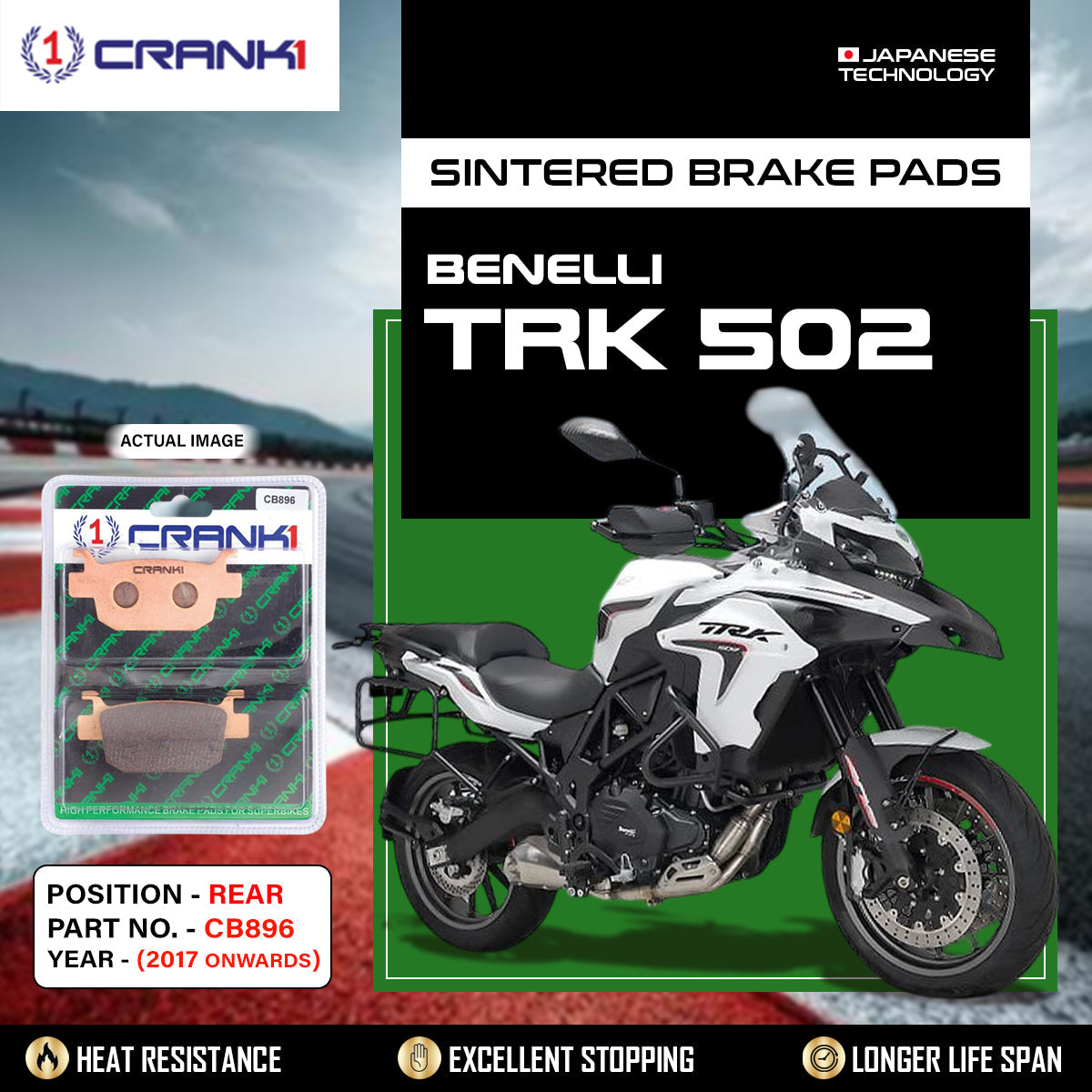 Sintered Brake Pads For Benelli TRK 502 2017 Onwards - Rear - CB896 - 1 Set - CRANK1