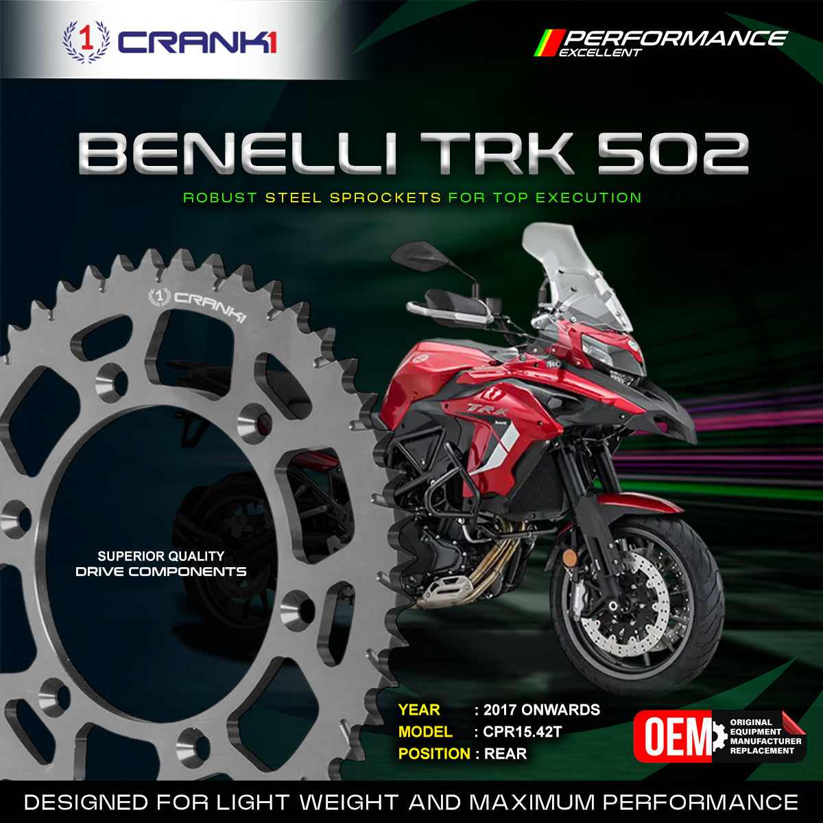 Sprocket For Benelli TRK 502 2017 Onwards - Rear - CPR15 42T - CRANK1