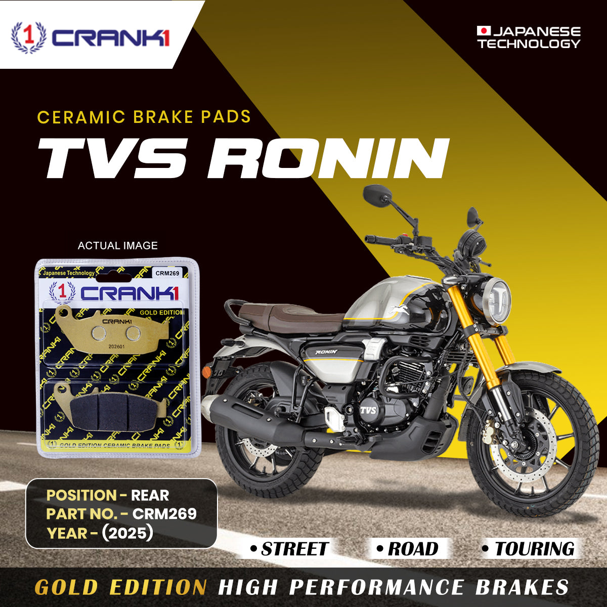 Ceramic Brake Pads For TVS Ronin 2025 Rear CRM269 1 Set CRANK1
