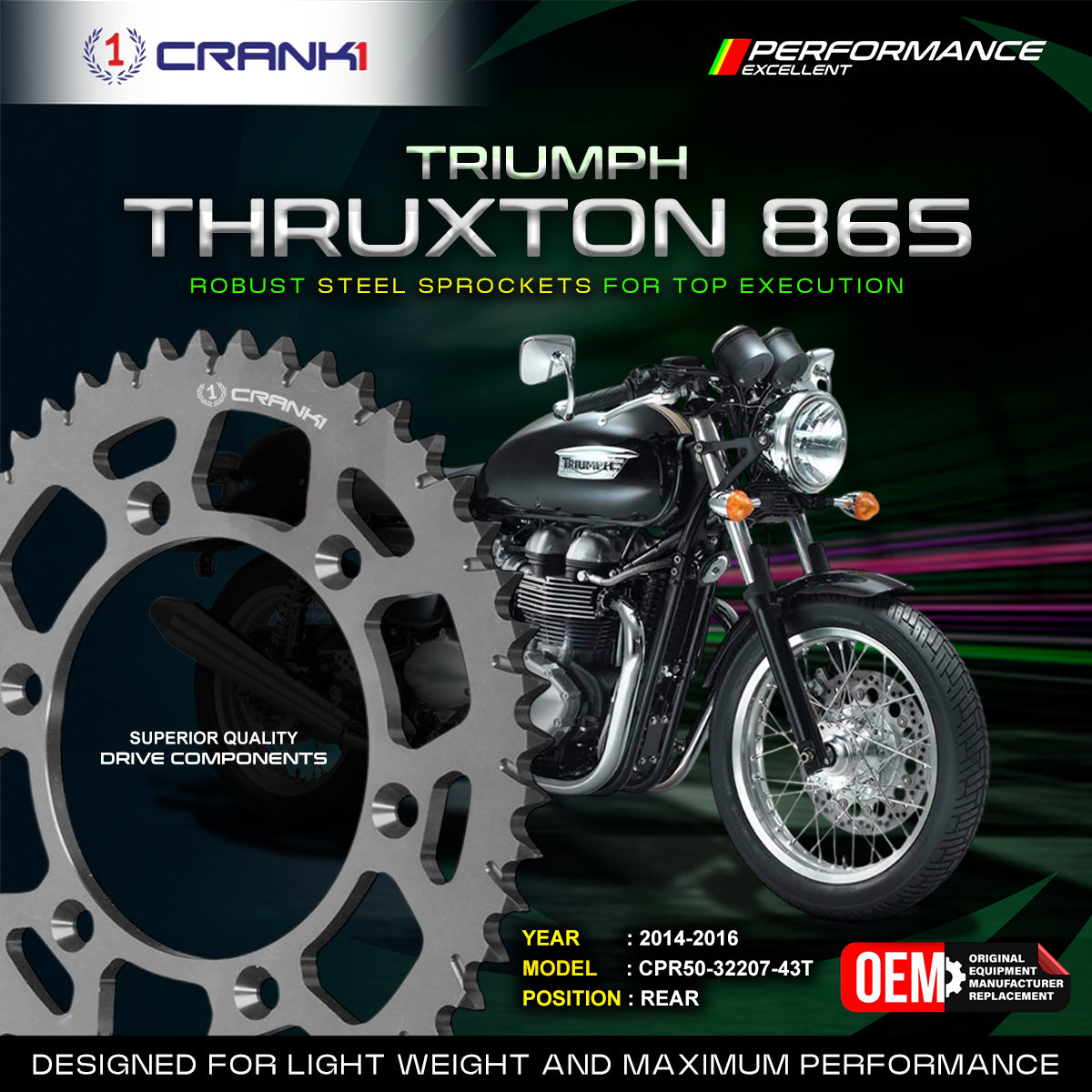 Sprocket For Triumph Thruxton 865 2014-2016 - Rear - CPR50-32207-43T - CRANK1